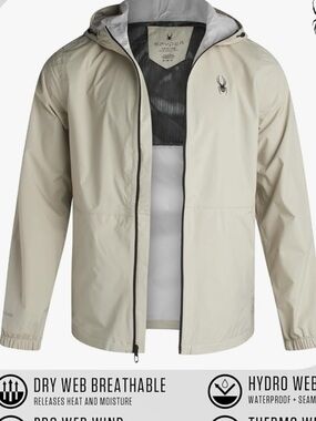 NWT Spyder Medium Waterproof Rain Jacket Hooded Lightweight Shell Gray OMSP545